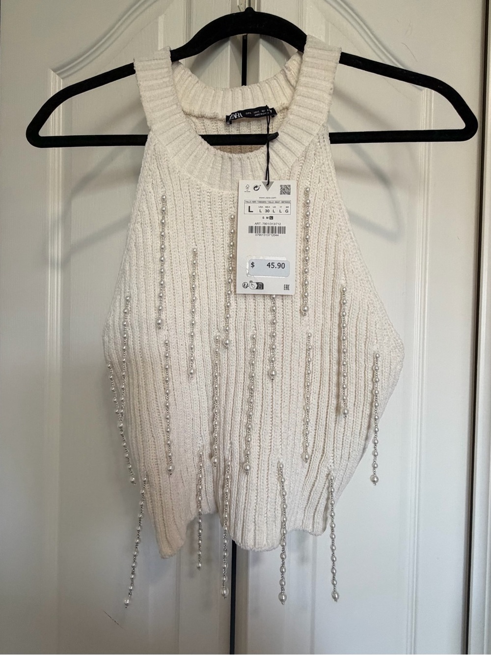 Zara Cream Ribbed Knit Halter Top with Pearl Strands